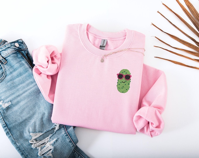 Embroidered Pickle With Sunglasses Sweatshirt, Pickle Lover Gift, embroidery crewneck sweatshirt, funny foodie top, cute embroidery sweater