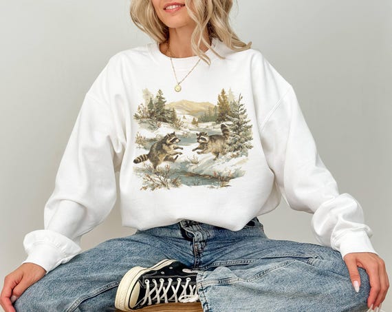 Retro Playful Raccoons Forest Sweatshirt, 90s Vintage Nature Scene Sweater, 90s Raccoon Nature Crewneck, Americana Nostalgia Raccoon Sweater