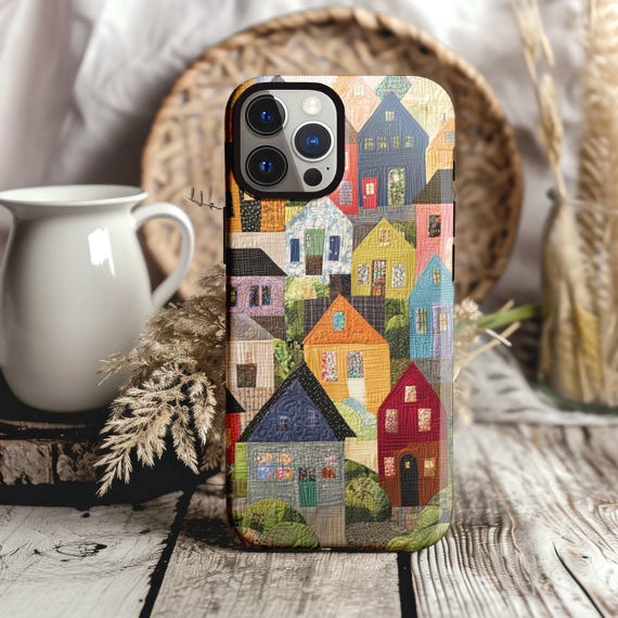 Patchwork Houses Quilt Pattern Tough Phone Case, iphone 8 11 12 13 14 15 16 17, Google Pixel 7 8 9, Samsung Galaxy 21 22 23 24 25