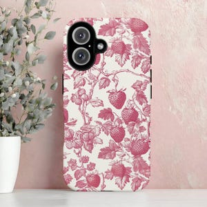 Cute Strawberry Toil De Jouy Tough Phone Case, iphone 8 11 12 13 14 15 16 Pro Max, Google Pixel 7 8 9, Samsung Galaxy 21 22 23 24 25 Ultra
