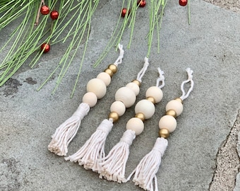 Natural Wood Gold Bead Farmhouse Christmas Ornament Tassel (Set of 4)