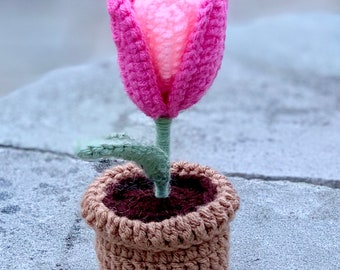 Crochet Flower Bouquet, Mini Tulip Petal In Pot, Birthday, Personalized, Custom Gifts, Teacher Appreciation