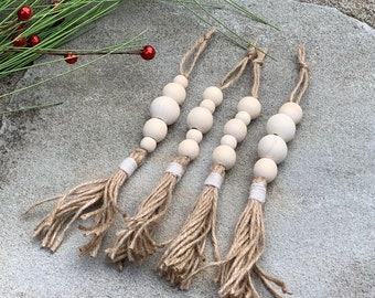 Natural Wood Bead Farmhouse Christmas Ornament Boho Tassel