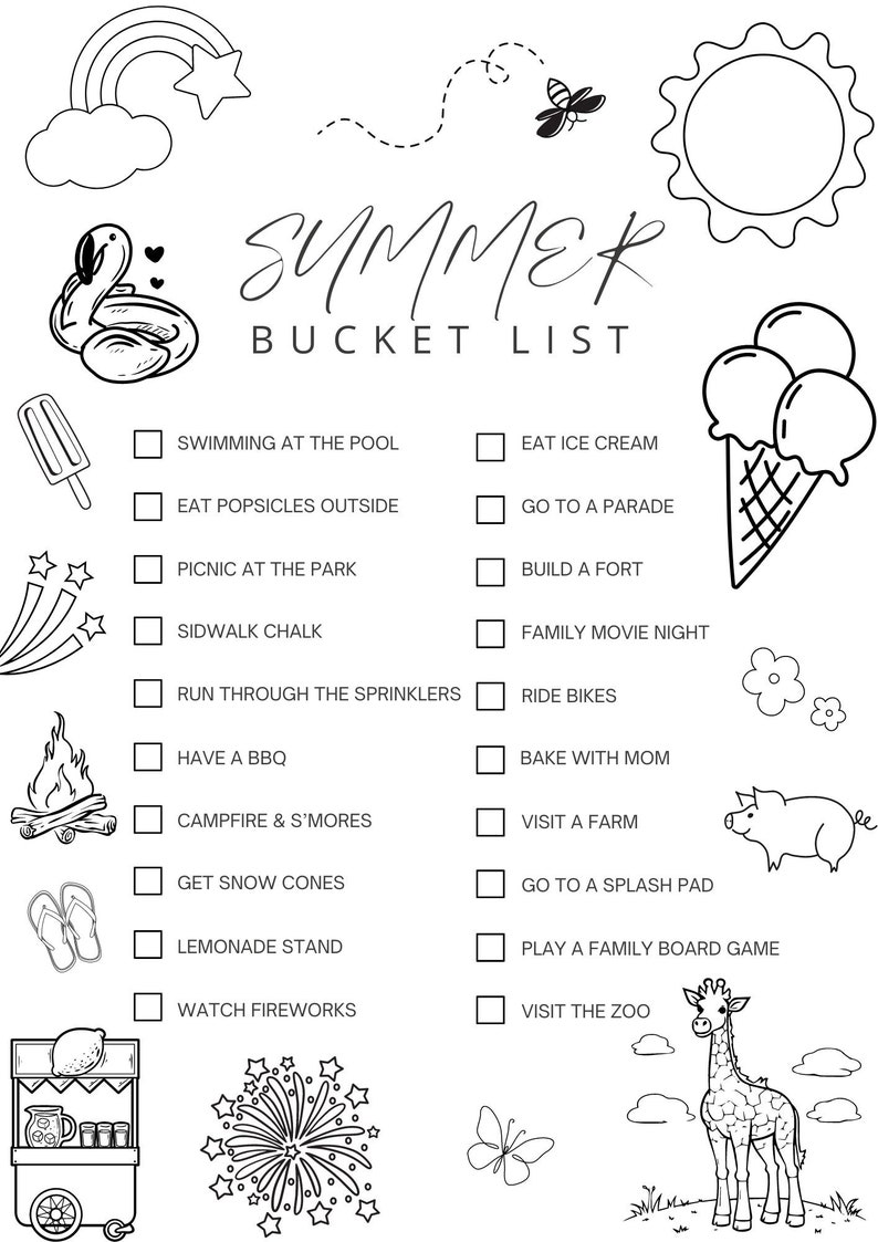 Kids Summer Bucket List Coloring Page Etsy