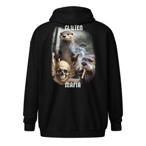 May include: Black hooded sweatshirt with a graphic print of three otters. The otters are holding a gun, a cigar, and a skull. The text "CLUTEN MAFIA" is printed below the otters.