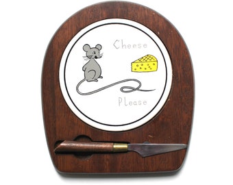 Vintage Cheese Please Cutting Board with Ceramic Trivet and Knife Japan