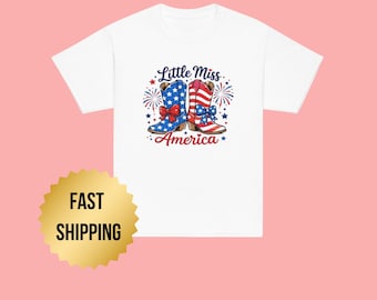 T-shirt patriotique pour enfants - Bottes Little Miss America, Rouge, Blanc, Bleu, 4 juillet