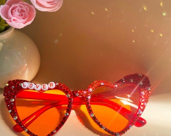 Óculos de sol personalizados em formato de coração para concertos com cristal, Óculos de sol personalizados para shows, casamentos, aniversários, madrinhas, óculos de festa, óculos de sol