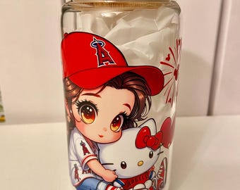 Little Miss Angels Baseball 16oz. Glass with bamboo lid