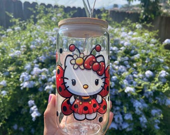 16oz. glass drinking can with Bamboo Lid Ladybug