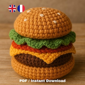 Peut inclure: Un hamburger au crochet avec un pain brun doré, de la laitue verte, de la tomate orange, du fromage jaune et une galette brune. Le pain supérieur a des détails de graines blanches. Le texte "PDF / Instant Download" est en bas.