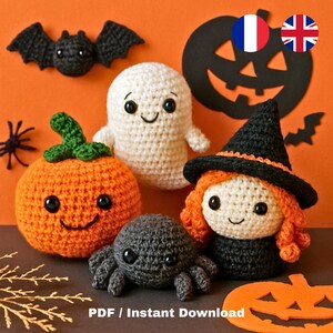 Peut inclure: Ensemble de décorations d'Halloween crochetées à la main, comprenant une citrouille, un fantôme, une araignée, une sorcière et une chauve-souris. La citrouille est orange avec une tige verte, et la sorcière a des cheveux roux et un chapeau noir.