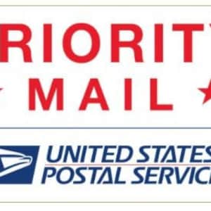 May include: A white label with red text that reads "PRIORITY MAIL" with a red star on either side of the word "MAIL". Below the text is a blue and white United States Postal Service logo.