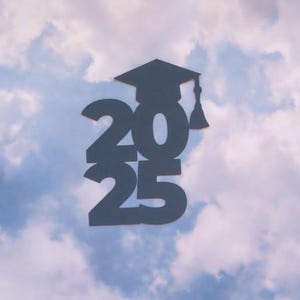 May include: A black silhouette of a graduation cap with the year 2025 printed below it. The silhouette is against a cloudy sky background.