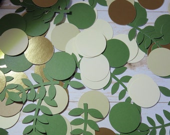 May include: Assortment of green, gold, brown, and cream paper circles and leaf shapes. The circles are various sizes and the leaves are all the same size.