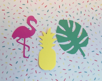 Tropical Die Cuts - Flamingos, Tropical Leaves, Pineapples -30 pcs - Paper Shapes Cardstock Cutouts