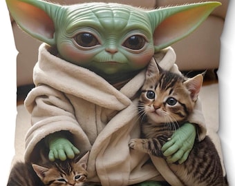 Baby Yoda Grogu kitten pals - 14in x 14in Square Pillow