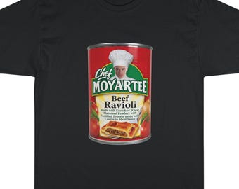 Chef Moyartee Beef Ravioli Can T-Shirt | Parody Vintage Can Label