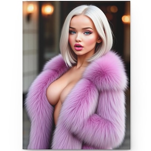 May include: A portrait of a woman with platinum blonde hair and blue eyes wearing a vibrant pink faux fur coat. The coat has a fluffy texture and a wide collar. The background is blurred, with warm tones.