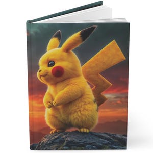 May include: A yellow Pikachu character from the Pokemon franchise stands on a rock against a sunset background. The character is depicted in a realistic style with fur and a large tail.