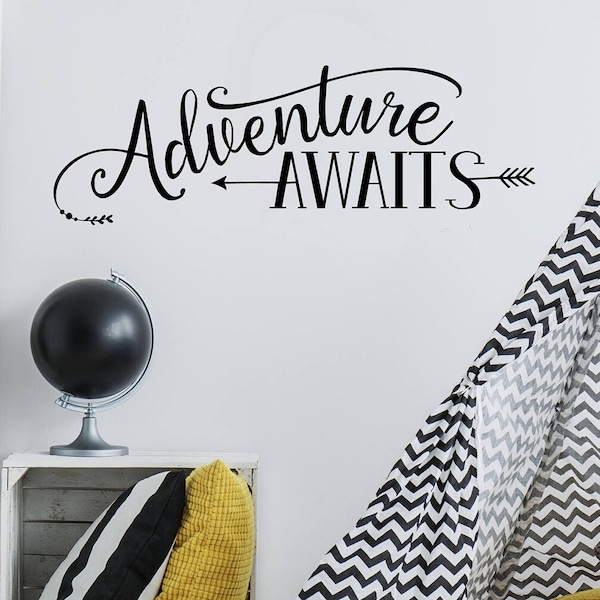 Adventure Awaits Wall Decal Vinyl Quote Adventure Themed Room Decor Kid's Room Wall Decor Adventure Quote Trailer Decal Vinyl Sticker
