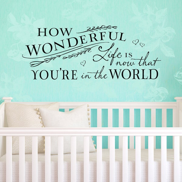 Nursery Wall Decor - Vinyl Wall Decal - How wonderful life is now that you're in the world - Nursery Wall Art - Lettering Quote for Baby