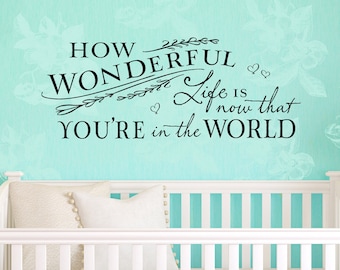 Nursery Wall Decor - Vinyl Wall Decal - How wonderful life is now that you're in the world - Nursery Wall Art - Lettering Quote for Baby