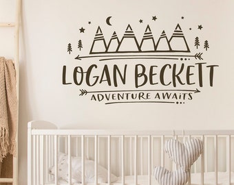 Personalized Adventure Nursery Wall Art, Woodland Mountains, Baby Boy Name for Wall, Name Wall Decal, Nursery Wall Decor, Adventure Awaits