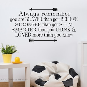 You are braver than you believe - Inspirational wall decals for kids - Winnie the Pooh quote - Always remember you are braver - Arrows