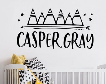 Name Wall Decal, Nursery Wall Decor, Name Decal, Adventure Nursery Wall Art, Woodland Mountains, Baby Boy Personalized Name for Wall