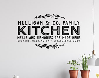 Family Name and Co. Personalized Kitchen Sign, Kitchen Wall Decal, Kitchen Quote Wall Art, Kitchen Sticker, Meals and Memories made here