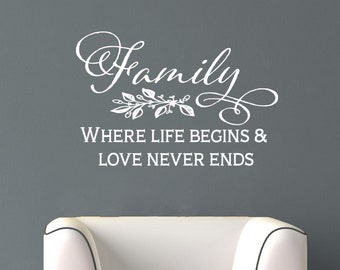 Family where life begins and love never ends - vinyl wall decal - Family Quote for Wall - Family Saying