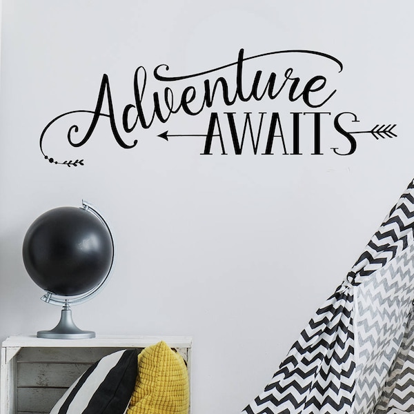 Adventure Awaits - Wall Decal, Vinyl Quote with Arrow - Adventure Quote - Tribal Theme Room Decor - Boys Room Decor - Trailer Decal