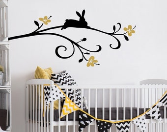 Bunny Rabbit - Vinyl Wall Decal - Bunny Decal - Nursery Wall Decor - Baby's Room Decal - Flowering Branch - Above the Crib