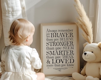 Always Remember You Are Braver Quote Wall Art Nursery Decor Digital Poster for Kid's Room Decor Pooh Quote Printable Inspirational Download