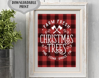 Farm Fresh Christmas Trees Downloadable Sign 8x10, Christmas Decor with Buffalo Plaid, Printable Farmhouse Holiday Sign, Buffalo Plaid