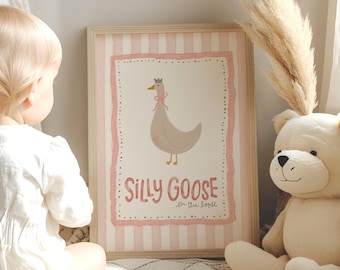 Silly Goose Wall Art Nursery Decor Cute Goose Poster for Girl Nursery Decor Farm Animal Printable Kid's Room Illustration Goose On The Loose