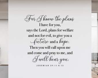 Church Office Decal, Jeremiah 29, For I know the plans I have for you Vinyl Decal, Christian Wall Decor, Scripture Wall Art, Bible Verse