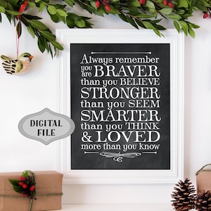 You are Braver than you Believe Printable Farmhouse Chalkboard Sign 8x10 Printable Wall Art Download Winnie the Pooh Quote Print