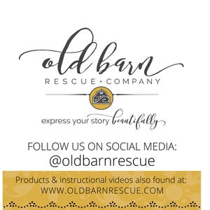 May include: A logo for Old Barn Rescue Company, a business that helps people express their stories beautifully. The logo features a stylized barn with a yellow background and the text "old barn" in a cursive font. The text "RESCUE COMPANY" is below the barn image. The text "express your story beautifully" is below the company name. The text "FOLLOW US ON SOCIAL MEDIA: @oldbarnrescue" is below the tagline. The text "Products & instructional videos also found at: WWW.OLDBARNRESCUE.COM" is at the bottom of the image.