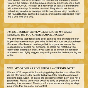 May include: A yellow and white FAQ section with text about removable wall decals, sample decals, and shipping delays. The text includes the phrase "Please convo us if you have any questions at all - we'd love to help!"