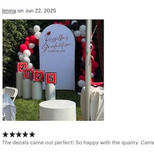 Puede incluir: Decoraci&oacute;n de fiesta de graduaci&oacute;n con un tel&oacute;n de fondo blanco con el texto "Kessella's Graduation CLASS OF 2025". Globos rojos y blancos enmarcan el fondo. Carteles cuadrados rojos y blancos muestran el a&ntilde;o 2025.