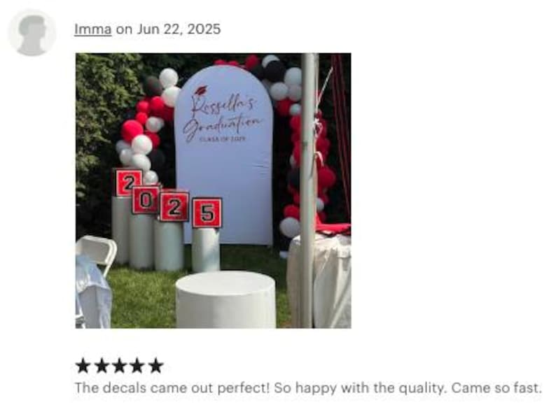 Puede incluir: Decoraci&oacute;n de fiesta de graduaci&oacute;n con un tel&oacute;n de fondo blanco con el texto "Kessella's Graduation CLASS OF 2025". Globos rojos y blancos enmarcan el fondo. Carteles cuadrados rojos y blancos muestran el a&ntilde;o 2025.