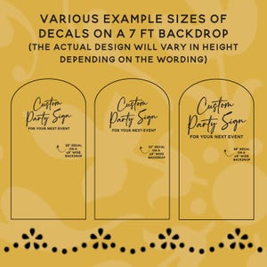 Puede incluir: Un gr&aacute;fico amarillo muestra tres ejemplos de calcoman&iacute;as de letreros de fiesta personalizados. Cada letrero tiene forma de arco con el texto "Custom Party Sign" y "For Your Next Event". Los tama&ntilde;os son calcoman&iacute;as de 71 cm, 81 cm y 97 cm sobre fondos de 122 cm de ancho.