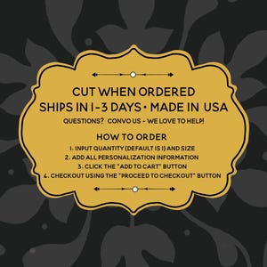 Puede incluir: Una etiqueta dorada y ornamentada con texto negro sobre un fondo oscuro. El texto dice "CUT WHEN ORDERED", "HOW TO ORDER" e instrucciones de compra. La etiqueta tiene un borde decorativo y flechas.