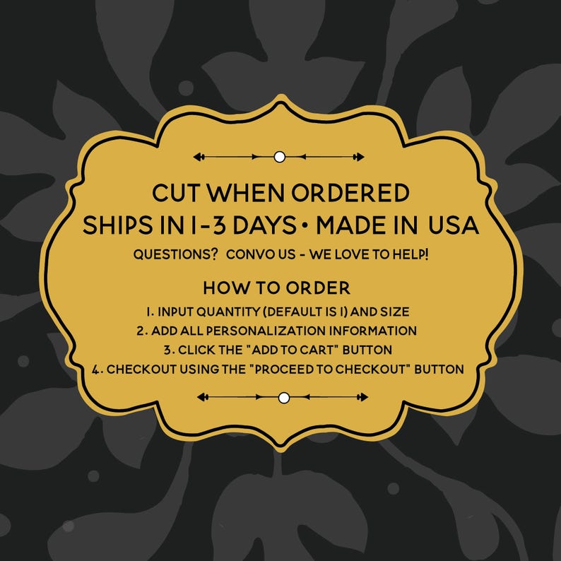 Puede incluir: Una etiqueta dorada y ornamentada con texto negro sobre un fondo oscuro. El texto dice "CUT WHEN ORDERED", "HOW TO ORDER" e instrucciones de compra. La etiqueta tiene un borde decorativo y flechas.