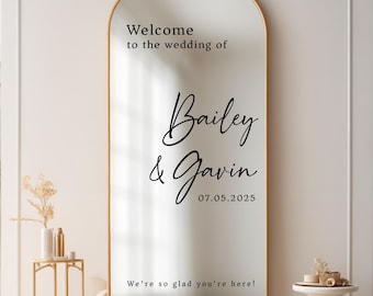 Calcomanía personalizada para espejo de boda, letrero de bienvenida para despedida de soltera, pegatina de vinilo personalizada para decoración de recepción con espejo, letrero de bienvenida con espejo arqueado