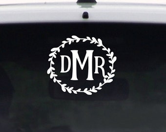 Personalized Car Monogram - 3 Letter Monogram in wreath - Car Decal for Woman - Unique Gift for Girl