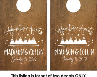 Wedding Cornhole Decals with Mountains | Adventure Awaits Personalized Cornhole Boards | Corn Hole Wall Decals | Wedding Games | Est. Date