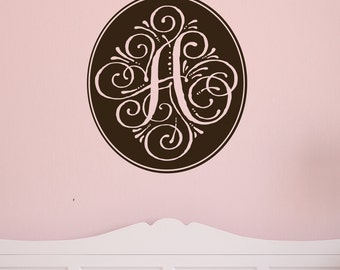 Monogram in oval with vines -  Vinyl Wall Decal, room decor, girl, nursery